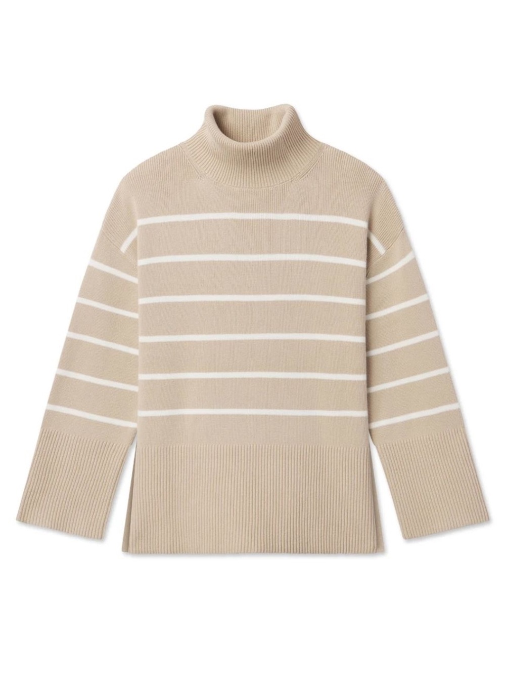 Striped Beige Turtleneck Sweater - Women's Soft Knit